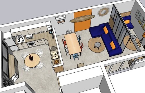 Modelisation 3D d'un appartement avec cuisine, salon/salle à manger