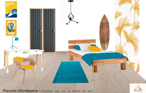 Planche d'ambiance avec tonalités jaunes et turquoises d'une chambre d'ado sur le thème du surf, montrant un lit simple, un bureau avec chaine, un tapis, une planche de surf adossé au mur, un placard