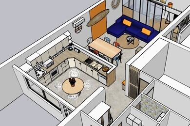 Modelisation 3D d'un appartement avec cuisine, salon/salle à manger