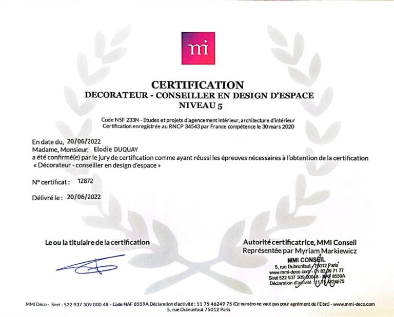 Certification Décorateur-conseiller en design d'espace niveau 5 par lOrganisme MMI Déco