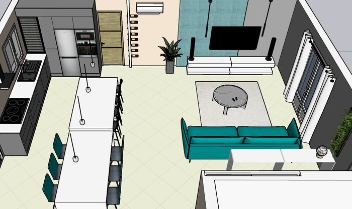 Modelisation 3D de la pièce à vivre d'une maison avec cuisine, salon/salle à manger