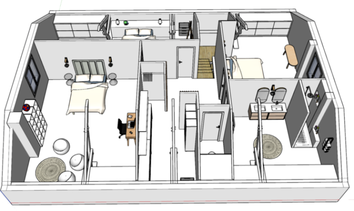 Modélisation en 3D des combles avec agencement de 3 chambres, 1 dressing, 1 salle d'eau et des WC indépendants