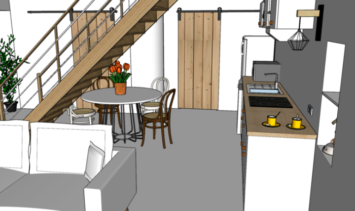 Modélisation 3D du salon avec ouverture des cloisons existantes, aménagement d'une cuisine blanche et bois, création de l'espace salle de bain et toilettes avec cloisons arrondie, murs blancs et porte coulissante en bois brut