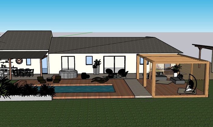 Modélisation 3D de l'extérieur d'une maison avec sa façade à droite et piscine sur la gauche avec barbecue et coin lounge avec transats