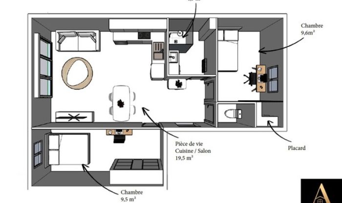 Modelisation 3D d'une maison avec 3 pièces: pièces de vie avec salon/cuisine, 2 chambres, salle d'eau