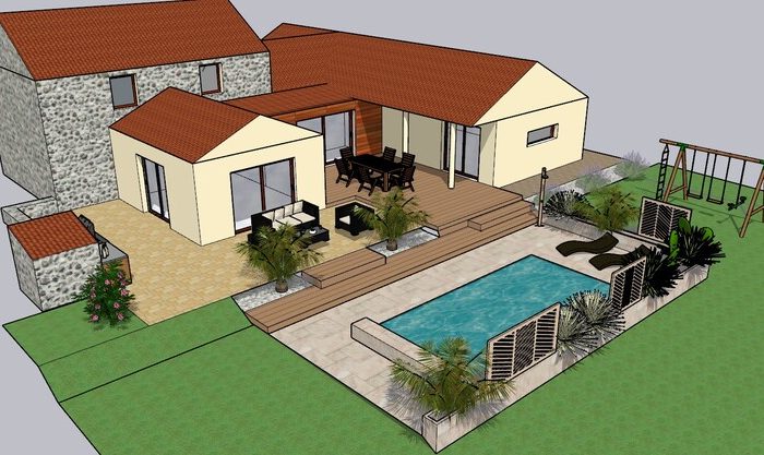 Modélisation 3D de l'extérieur d'une maison en plusieurs partie avec espaces extérieurs: piscine, balançoire, salon de jardin, table de jardin